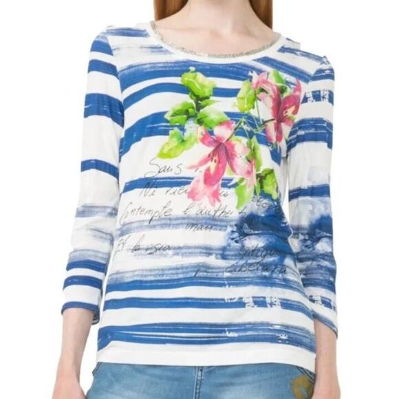 Desigual Graphic 3/4 Sleeve Tee Womens Size‎ Medium Striped Floral Beaded Neck - Picture 1 of 11